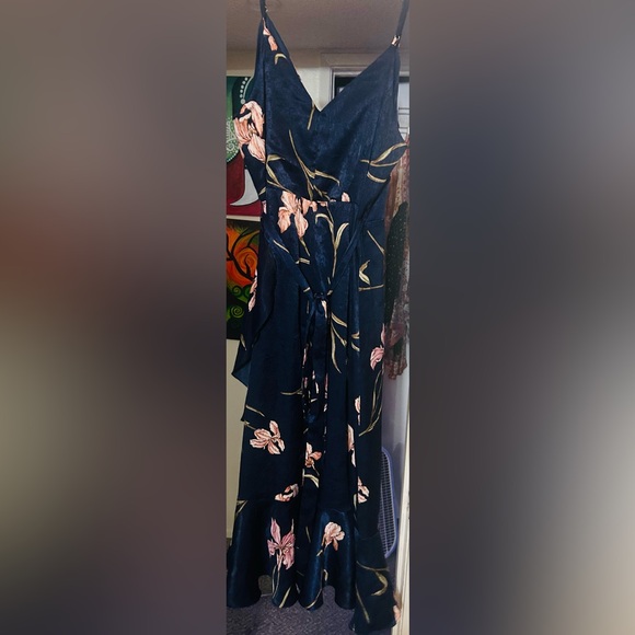 Lumiere Navy Floral Printed Satiny Wrap Dress with Ruffle Detail - Picture 8 of 9